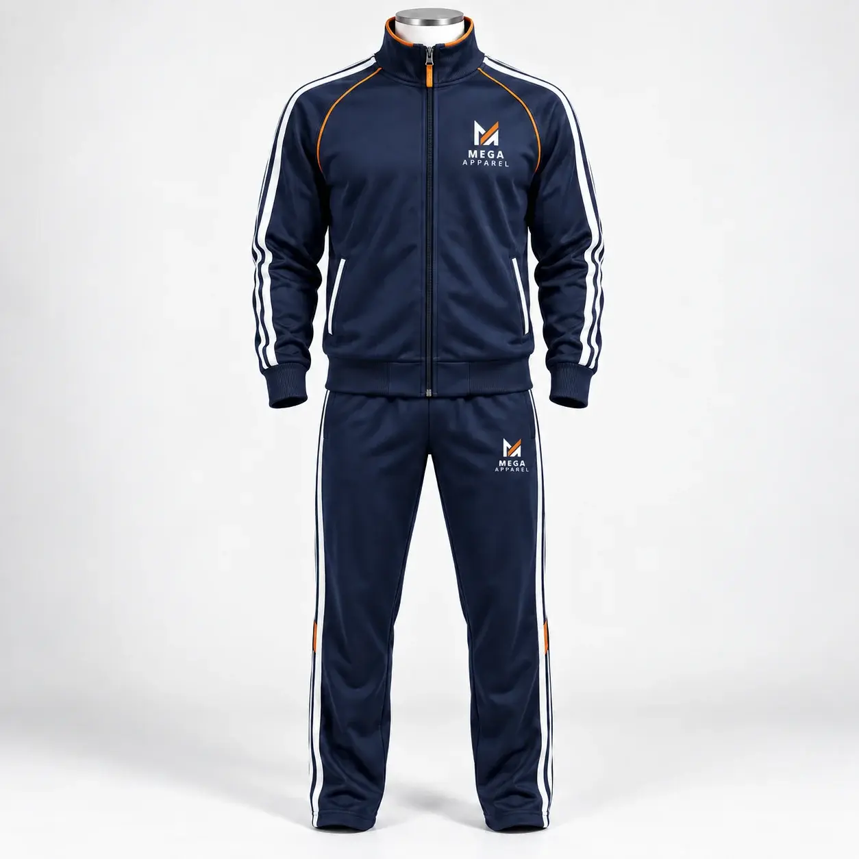 Navy blue classic tricot tracksuit with white side stripes, orange accents, and Mega Apparel logos on the jacket and pants.